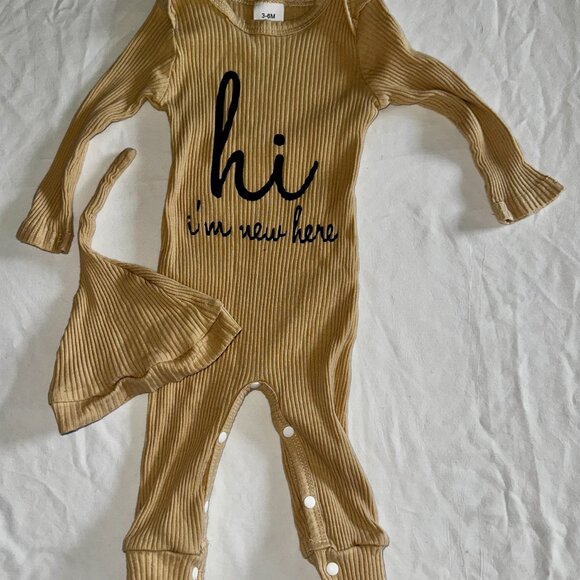 Ribbed Romper & Hat Set 3-6M Hi I’m New Here Neutral Outfit Long Sleeve-KC117 - Picture 3 of 5